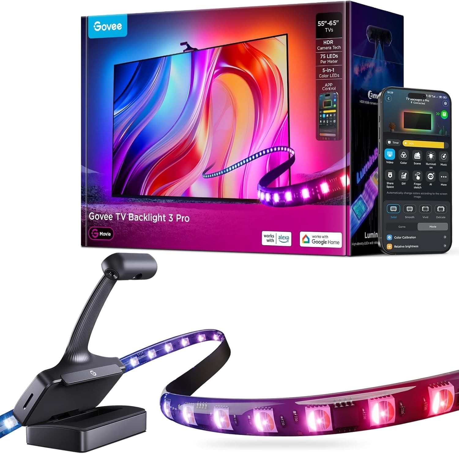 Govee TV バックライト 3 Pro HDR対応 トリプルカメラ搭載 テレビ用間接照明 55〜65インチ対応 11.8ft 映像連動 映画鑑賞 ゲーミング 室内用 H66A0 Govee TV Backlight 3 Pro with HDR Triple Camera