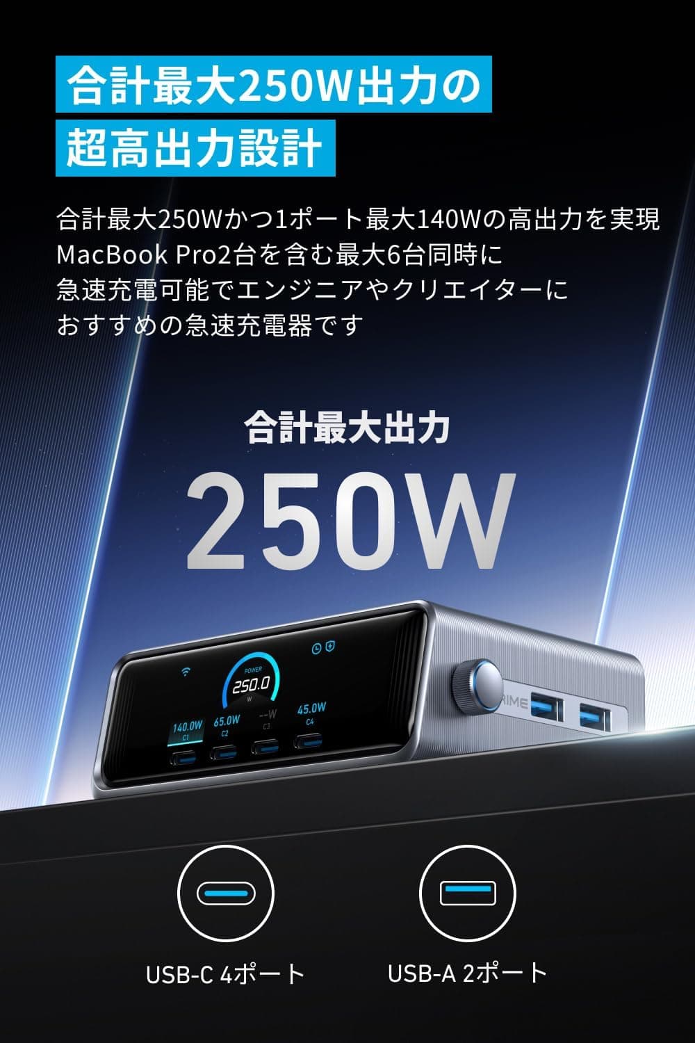 【期間限定セール実施中 10/27まで】Anker Prime Charger (250W, 6 Ports, GaN) (USB PD 充電器 USB-A & USB-C) iPad iPhone MacBook Android スマートフォン ノートPC 各種 その他機器対応 thumbnail 3