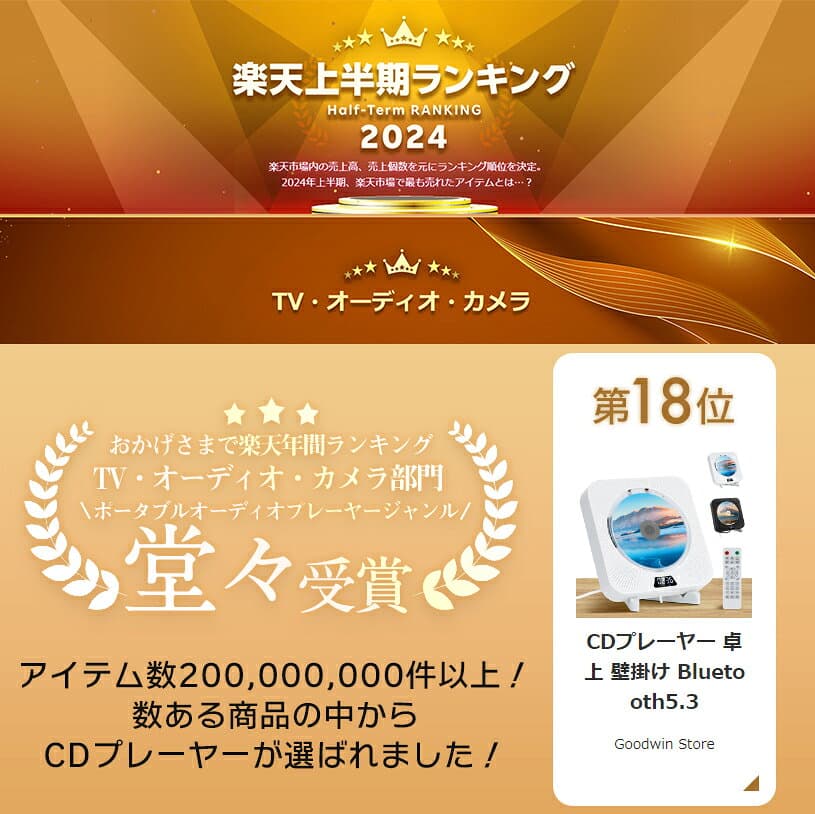 ＼楽天1位★日本正規品・1年保証／ CDプレーヤー 卓上 壁掛け 音楽プレーヤー Bluetooth5.3 ワイヤレスイヤホン&スマホ対応 ステレオスピーカー 小型 ポータブル CDプレイヤー Bluetooth ラジオ TFカード USB対応 リピート再生 高音質 リモコン&スタンド付き プレゼント 人気 thumbnail 2