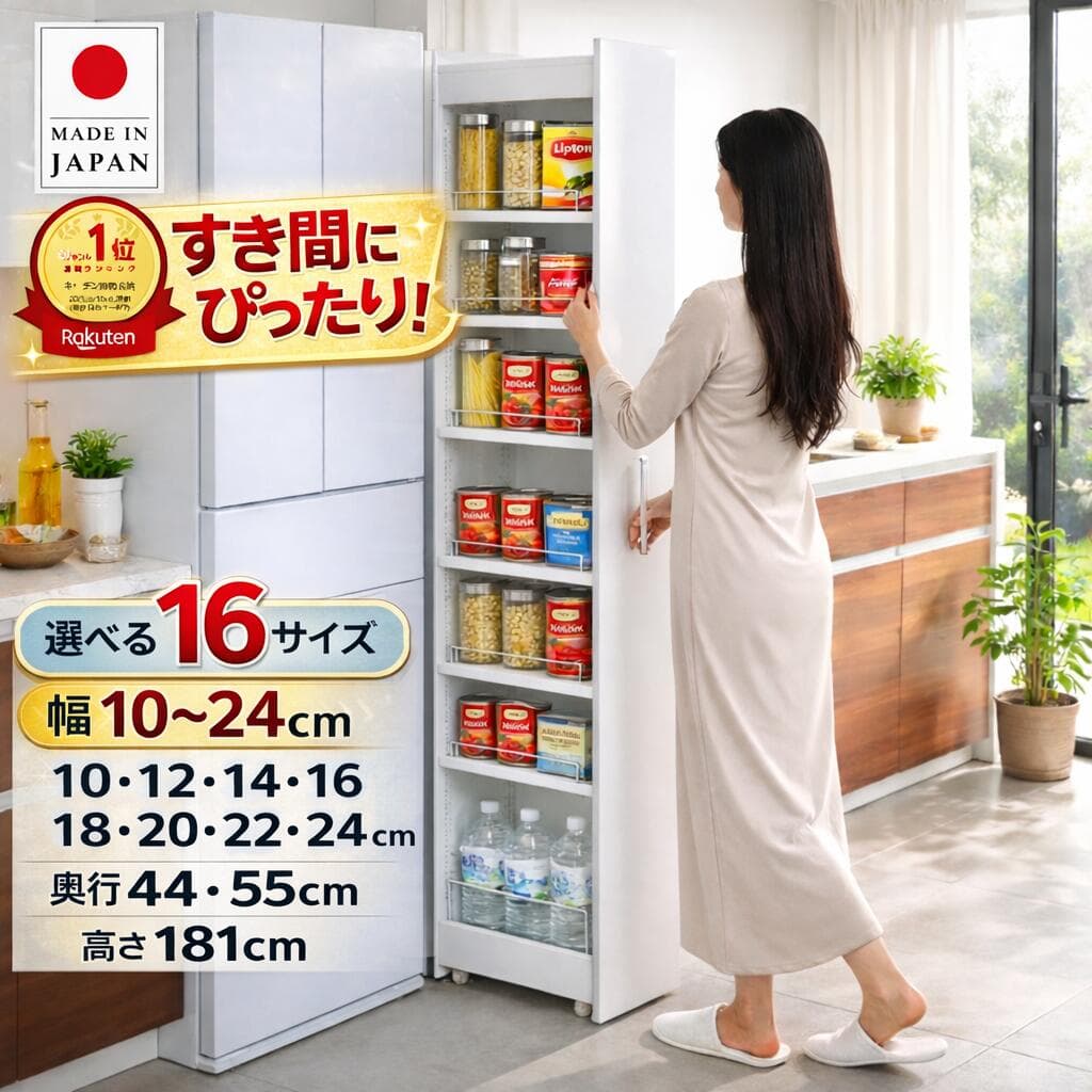 【国産】リバーシブルすき間ワゴン 隙間収納 キッチン収納 隙間ワゴン 冷蔵庫横収納 ラック キャスター 洗面所 パントリー ストッカー 幅10cm 12cm 14cm 16cm 18cm 20cm 22cm 24cm 奥行44cm 55cm 高さ181cm eco家具 F-250～