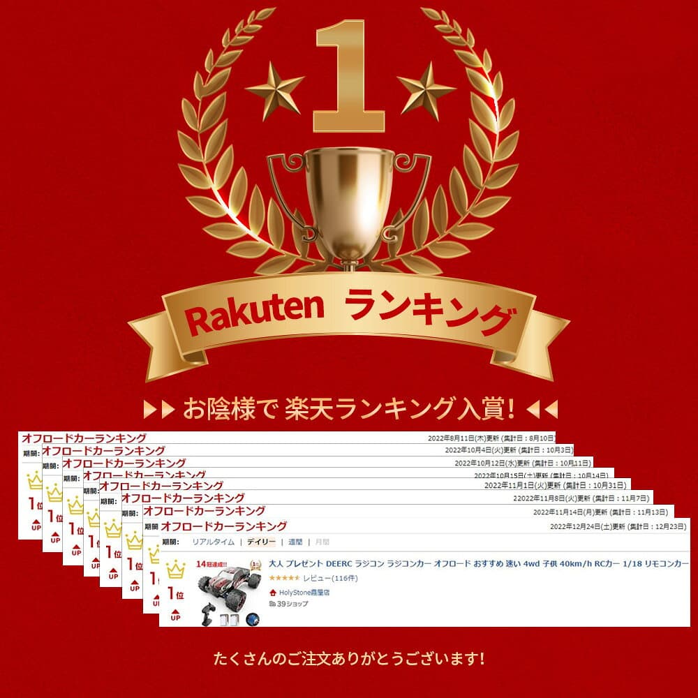 【期間限定16％OFFクーポン】【楽天ランキング1位入賞】DEERC ラジコン ラジコンカー オフロード 電動RCカー 速い 高速 4wd 子供 40km/h RCカー 1/18 リモコンカー 2.4Ghz無線操作 防振 耐衝撃 防水 四輪駆動 レーシング 40分間走れ バッテリー2個付 thumbnail 3