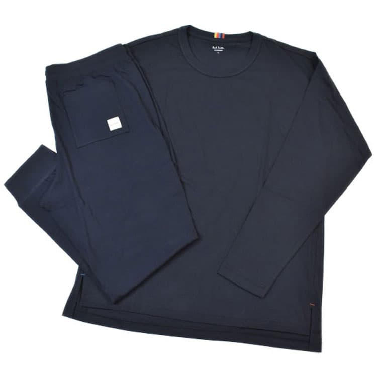 ポールスミス ルームウェア パジャマ 部屋着 メンズ ブランド Paul Smith LOUNGEWEAR 薄手 上下 セット 長袖 クルーネック カットソー ロングパンツ アーティストストライプ タブ 綿 コットン M L LL 濃紺 ダーク ネイビー 男性 紳士 ギフト おしゃれ