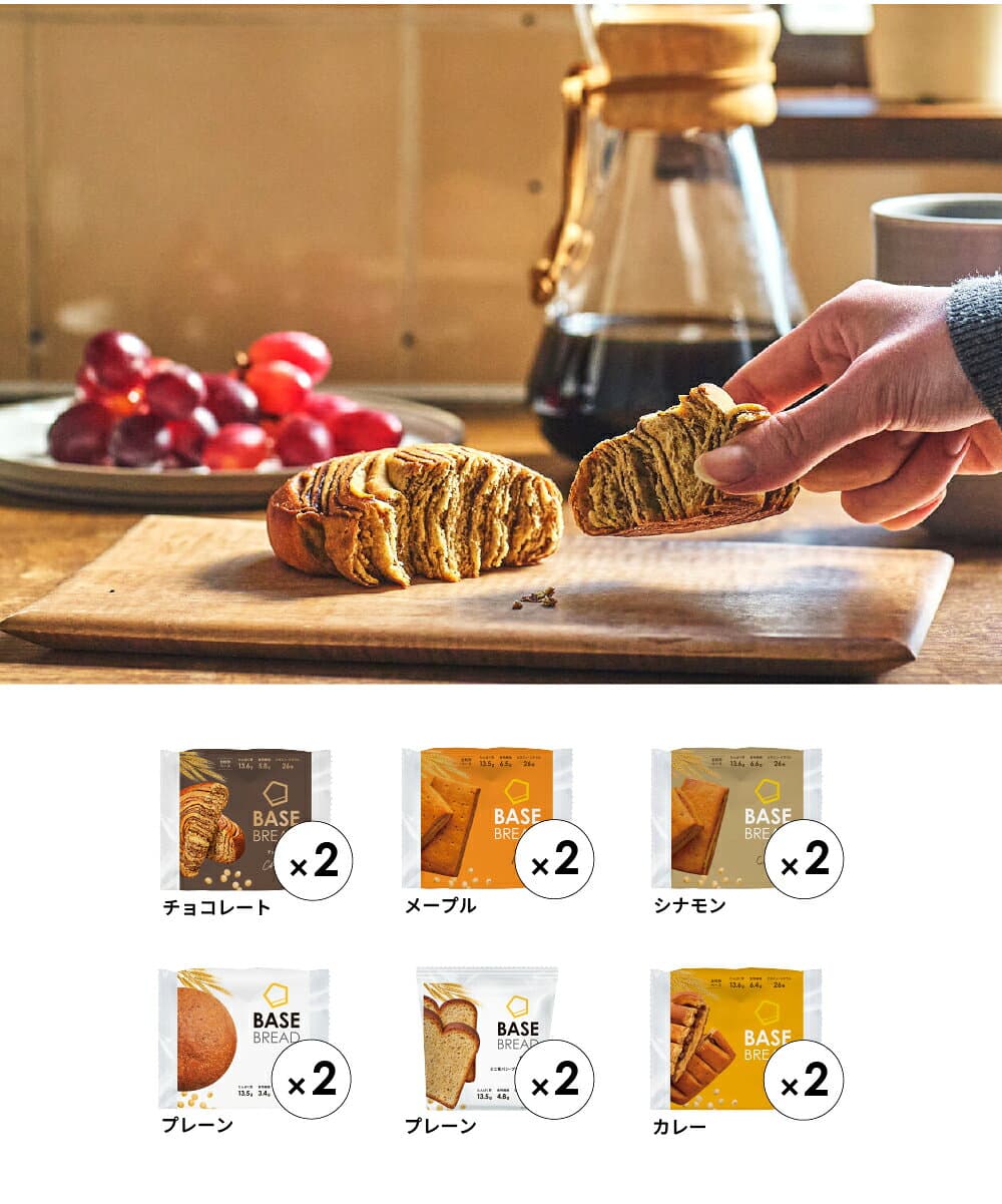 【エントリーポイント 10倍】ベースブレッド 6種 12袋 24袋 パン [プレーン・ミニ食パンプレーン・チョコ・カレー・メープル・シナモン] 置き換えダイエット ダイエット食品 完全栄養食 低糖質 BASE BREAD ベースフード BASE FOOD thumbnail 2