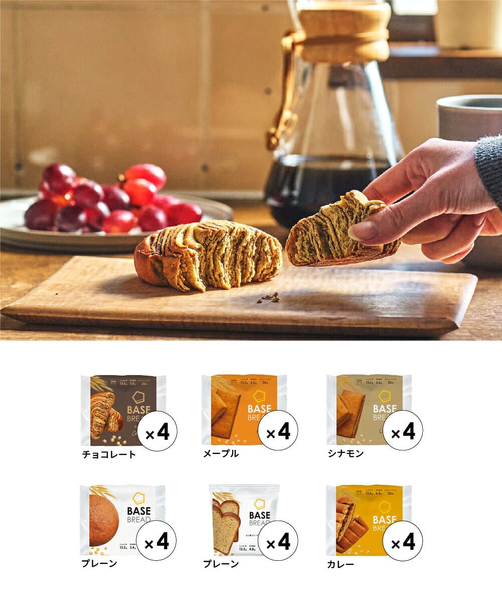 【エントリーポイント 10倍】ベースブレッド 6種 12袋 24袋 パン [プレーン・ミニ食パンプレーン・チョコ・カレー・メープル・シナモン] 置き換えダイエット ダイエット食品 完全栄養食 低糖質 BASE BREAD ベースフード BASE FOOD thumbnail 3