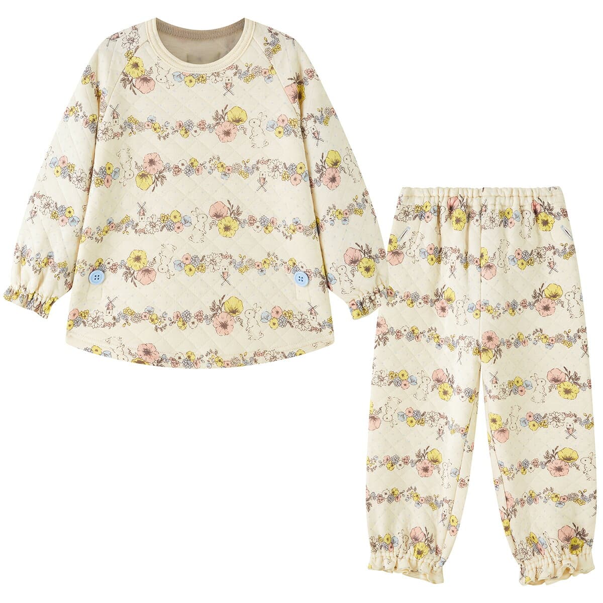 【50%OFF】《コンビミニ》おなか安心ボタン付きあったかキルト長袖パジャマ（花うさぎ） : 女の子 80cm 90cm 100cm 110cm 120cm 130cm 140cm | ベビー服 子供 子ども こども キッズ 秋冬 ルームウェア 可愛い【パジャマ】【outlet】 thumbnail 2
