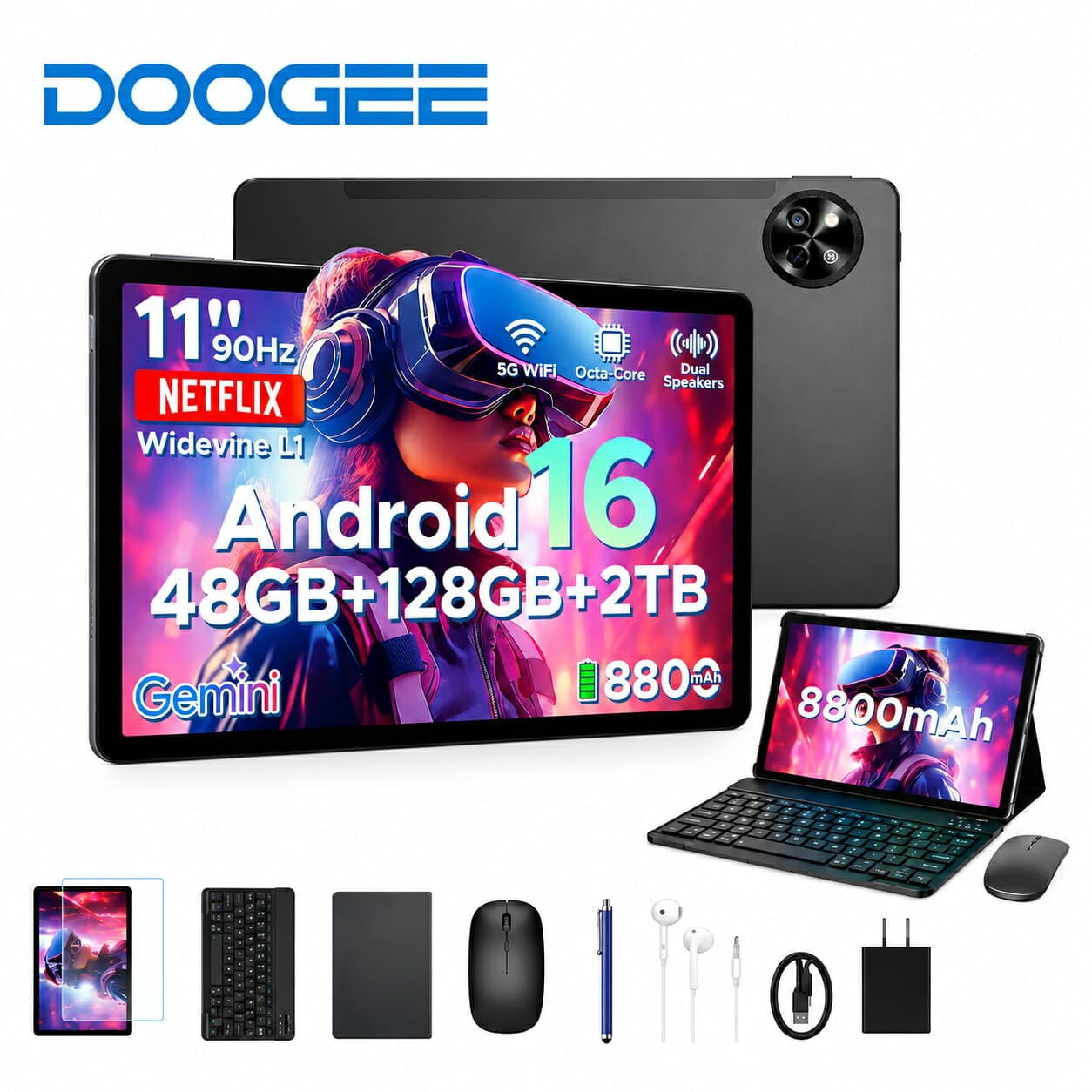POCKAM P11 タブレット 6点セット 11インチ Android16 Gemini AI搭載 Unisoc T7250 Widevine L1 48GB RAM 128GB ROM 最大2TB拡張 90Hz FHD+ 高リフレッシュレート 大容量バッテリー8800mAh Wi-Fiモデル 1年保証