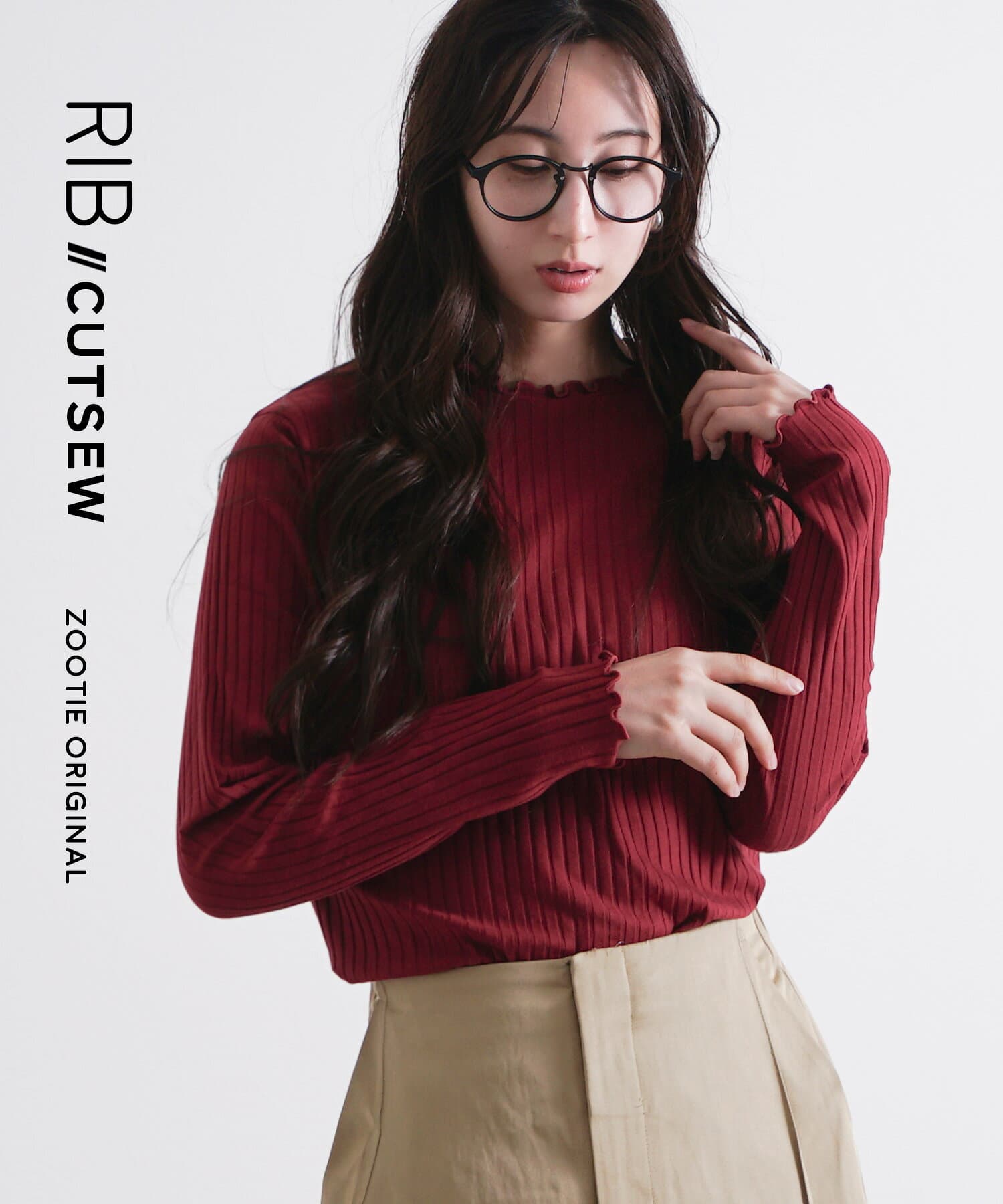 【特別送料無料＆特別価格】 リブカットソー トップス レディース M/L/LL カットソー 長袖 Tシャツ 丸首 メロウフリル フリル 配色 バイカラー 伸縮 秋 【メール便可17】◆zootie（ズーティー）：ロングスリーブ リブカットソー［クルーネック］ thumbnail 2