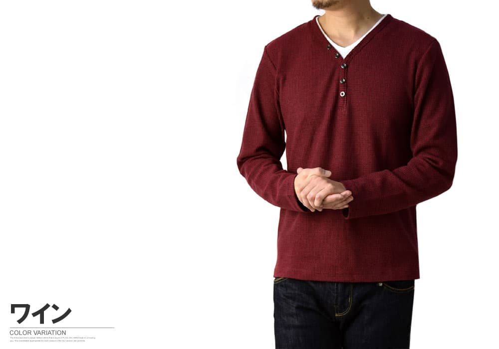 セール★送料無料 Tシャツ 長袖 メンズ Yヘンリーネック カットソー 畦ワッフル トップス ロンT【B2X】【パケ1】 thumbnail 2