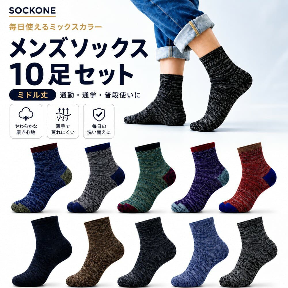 メンズソックス 10足セット 薄手 夏用 蒸れにくい 吸汗速乾 抗菌防臭 ミドル丈 スニーカーソックス スポーツソックス 紳士靴下 通勤 通学 中学生 高校生 伸縮性 カジュアル SOCKONE ソックワン