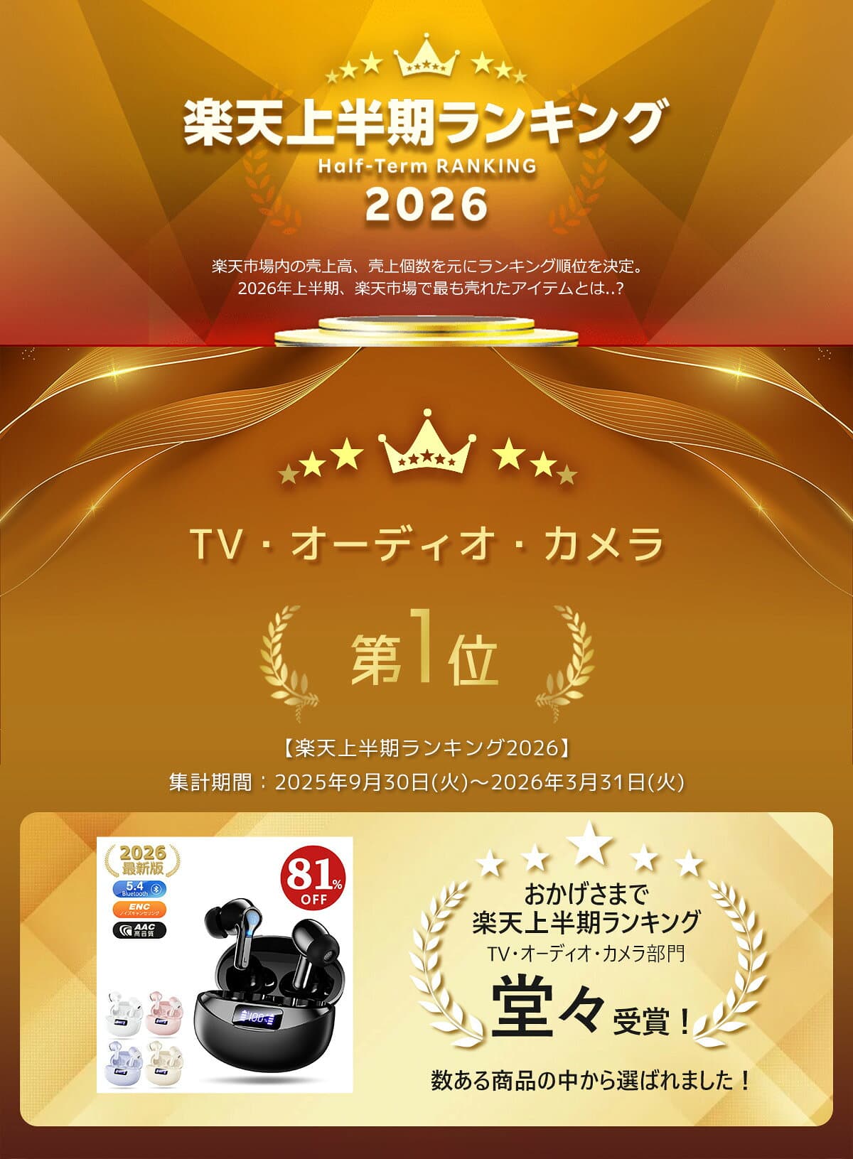 楽天ランキング1位＼半額セール20%クーポン＆P2倍で2,174円！／2024年間MVP ワイヤレスイヤホン bluetoothイヤホン 残量表示 Bluetooth6.0 ENC ノイズキャンセリング 自動ペアリング 36H連続再生 Type‐C急速充電 IPX7防水 AAC対応 マイク内蔵 iPhone/Android 旅行 thumbnail 2