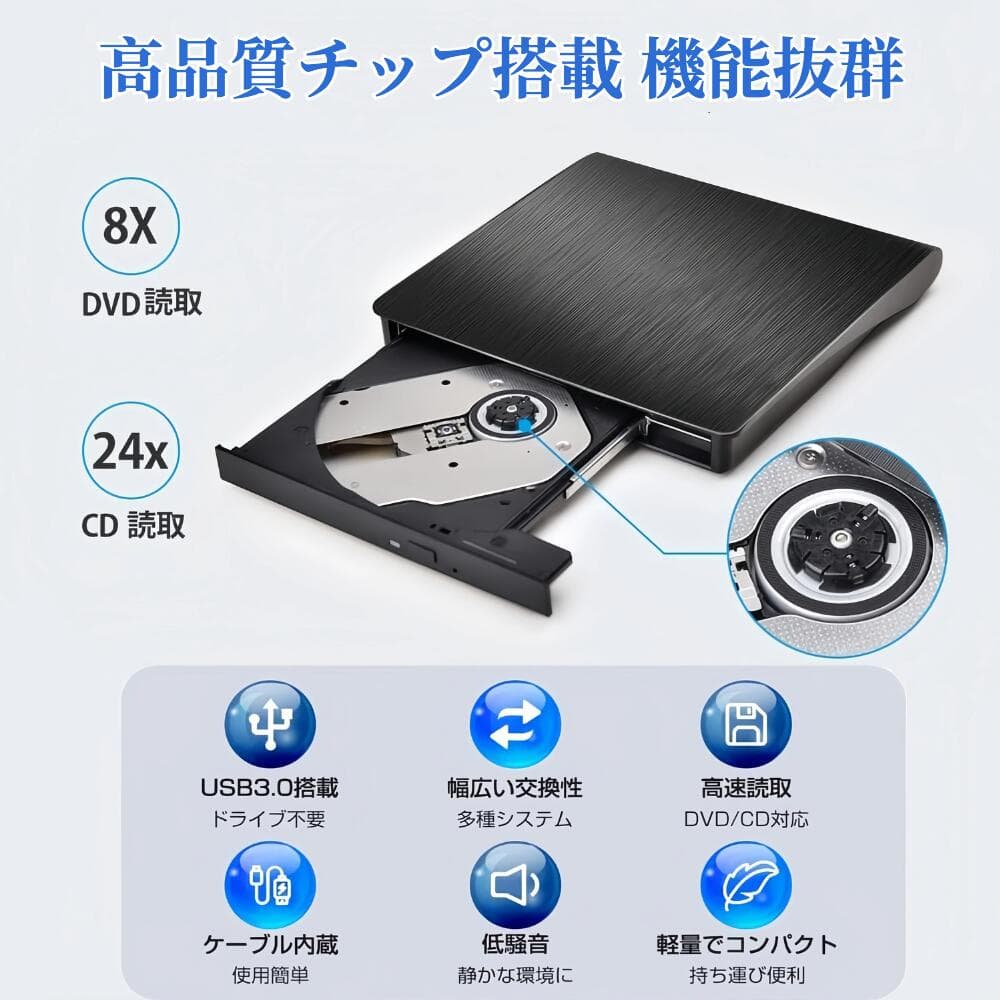DVD CD 外付けドライブ DVDドライブ CDドライブ 外付け 【ハレゾラTBP公式店】 USB3.0 外付けdvdドライブ ポータブルType-C CD DVDドライブ 光学ドライブ 外付け 静音 高速 外付CD DVD Window/Linux/Mac OS対応 thumbnail 3
