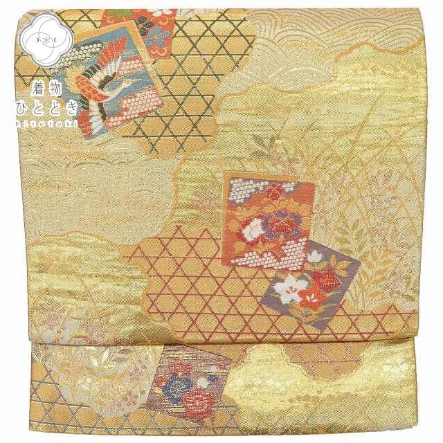 ＼50％OFF／ 【中古】 袋帯 振袖用 リサイクル 正絹 カジュアル シルク ギフト 在庫限り 仕立て上がり 金系 古典文様 rr0015b 【 送料無料 リユース 和服 結婚式 お祝い お茶会 パーティー 入学式 卒業式 お茶席 茶道 着物 帯 kimono 通販 】