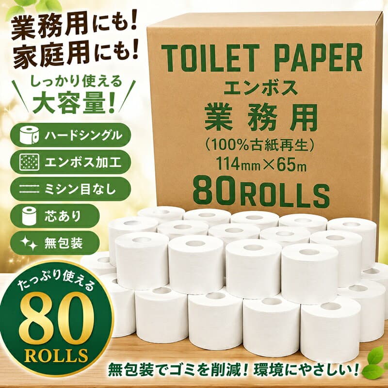 【※代引き不可/1ケース100個セット販売※】【Hエンボス用度品65m1R】送料無料 トイレットペーパー まとめ買い 業務用トイレットペーパー 家庭用トイレットペーパー 消耗品 日用品 ハードシングル エンボス加工 ミシン目無 無包装 再生紙100% 管理会社 公共施設