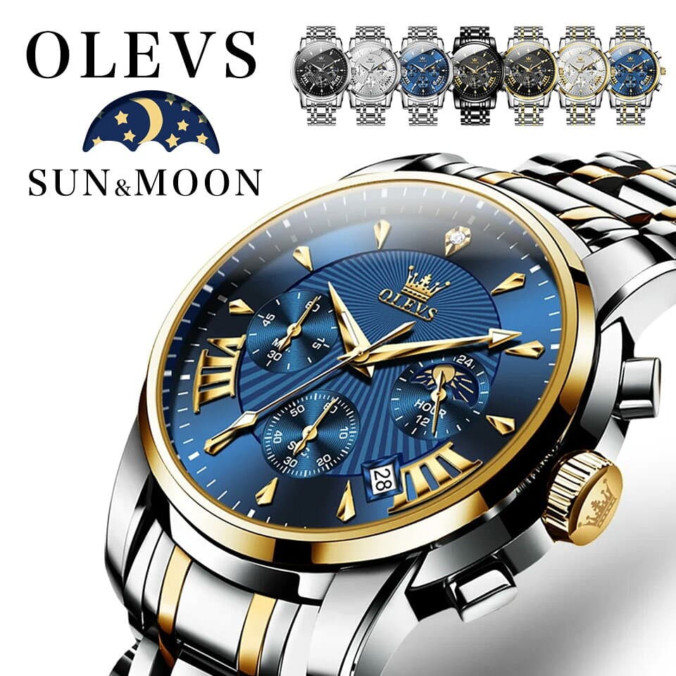 腕時計 メンズ クロノグラフ ムーンフェイズ ブランド OLEVS オレブス メンズ腕時計 北欧デザイン ストップウォッチ 機能 かっこいい おしゃれ 安い デザインウォッチ 時計 クロノ 男性用 シンプル 高級感 防水 プレゼント【レビュー特典】