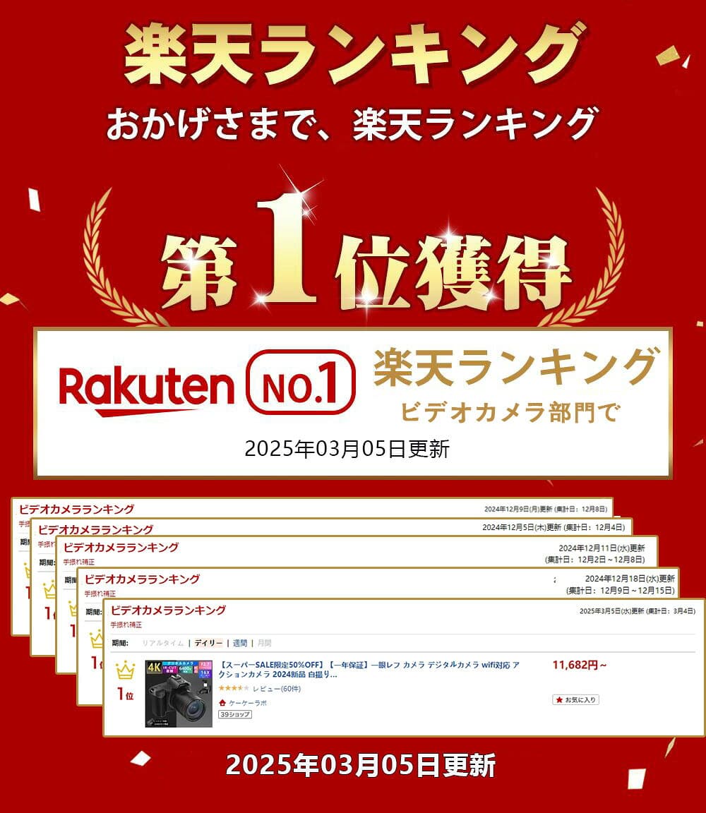 【Point×10★10/20 00:00~★楽天5冠達成★1年保証】一眼レフ カメラ デジタルカメラ wifi アクションカメラ 自撮り 一眼レフ ビデオカメラ 4K 6400万画素 IRナイトビジョン HDMI出力 電子手ブレ補正 F=2.7大絞り 16倍 初心者 入学 父の日プレゼント thumbnail 2