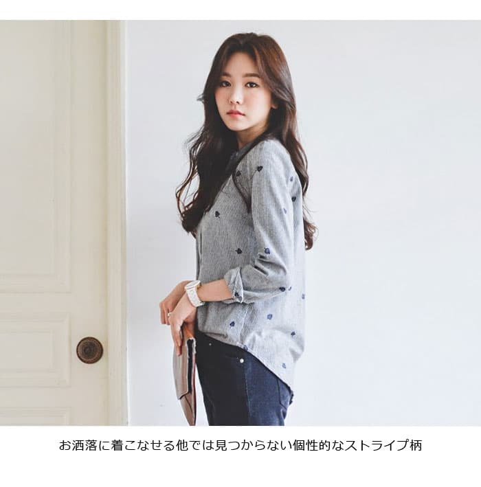 【爆売れ中！2点購入で400円OFF！】刺繍トップス シャツ レディース 女性 長袖シャツ カジュアルシャツ ストライプシャツ レディースファッション トップス スタンドカラー カレッジ風 刺繍 文芸 かわいい 無地 シンプル ゆったり thumbnail 3