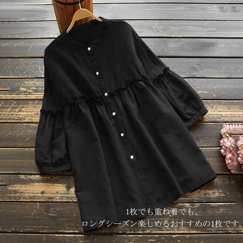 【SPECAI SALE・シャツ＆cardigan・5％OFF+P5】シャツ ブラウス レディース チュニック トップス 無地 ロングシャツ 長袖 春秋 aライン シャツブラウス ロング 大きいサイズ アウター 羽織り uネック 春 体型カバー お洒落 カジュアル風 フリル 可愛い 黒 春 thumbnail 2