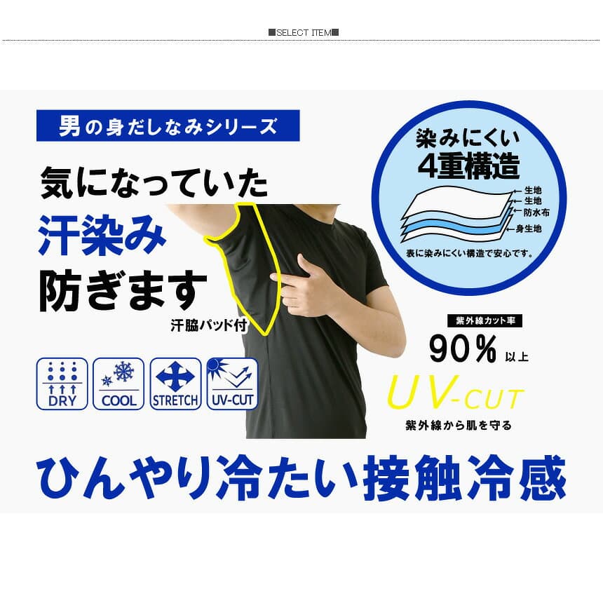 脇汗パッド付 インナー メンズ 半袖 tシャツ スリーブレス 吸水 速乾 ストレッチ UVカット 接触冷感 脇汗対策 汗染み防止 【2D5-1315】 送料無料 通販M15 thumbnail 2