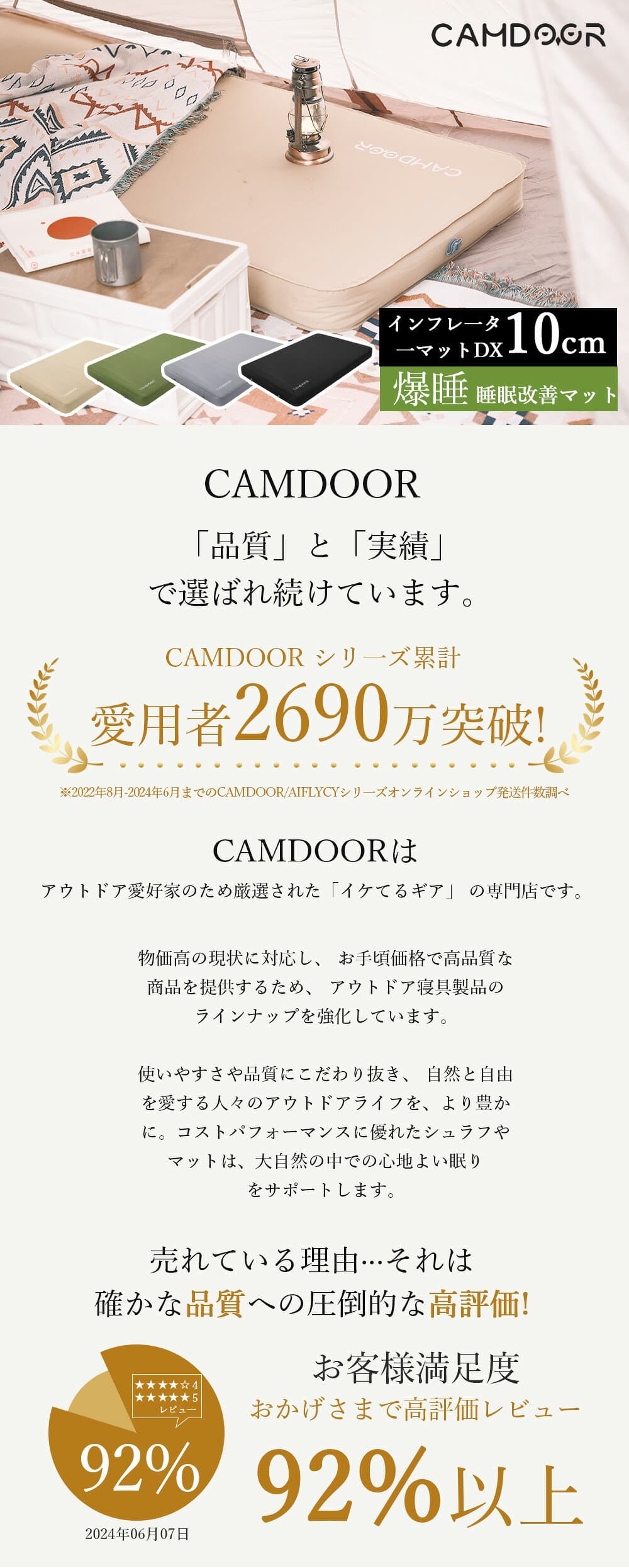【25%OFF！￥17980→￥13485】インフレーターマット ダブル 10cm【極厚10CM・自動膨張式】防災 キャンプマットダブル 自動膨張式 キャンプマット オリーブ 幅約78cm~135cm 重量約3.15kg~5.3kg アウトドア 防災 折りたたみ キャンプ マット 極厚 《3sp05》 thumbnail 3