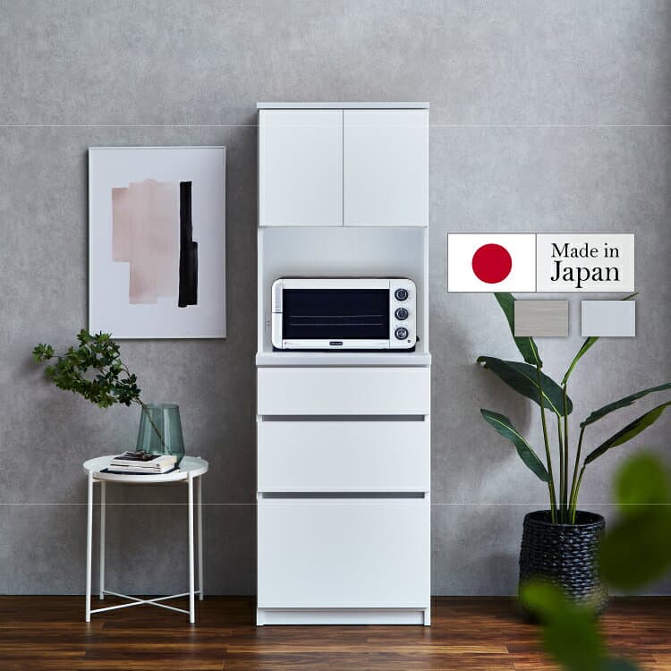 設置無料 組立不要 食器棚 60 キッチンボード カップボード ハイタイプ キッチン収納 棚 コンパクト 一人暮らし シンプル 新生活 幅60cm 奥行45cm 高さ181cm コンセント付 モイス ソフトクローズ 耐震ラッチ 耐震ダボ 大川家具 国内製造 日本製 送料無料 【セル 60B1】