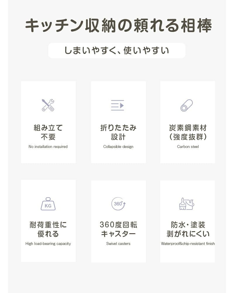★50%OFFクーポンで3,490円★ キッチンワゴン 折りたたみ キャスター付き 3段 スリム 隙間収納 ワゴンラック キッチン収納 移動式 収納ラック ランドリーラック 収納棚 thumbnail 3