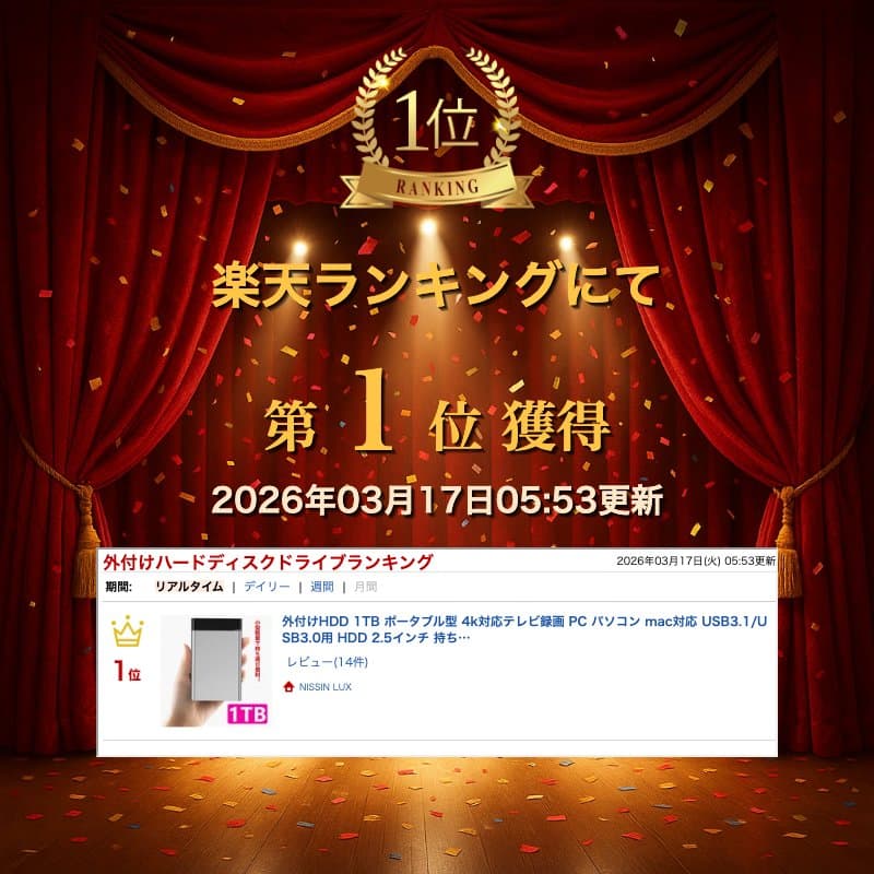 外付けHDD 1TB ポータブル型 4k対応テレビ録画 PC パソコン mac対応 USB3.1/USB3.0用 HDD 2.5インチ 持ち運び 簡単接続 ハードディスク 最安値に挑戦 外付けハードディスク Windows10 外付けハードディスク Windows7 USB給電 USBケーブル付属 5400rpm 127×80×13.5mm 約265g thumbnail 2