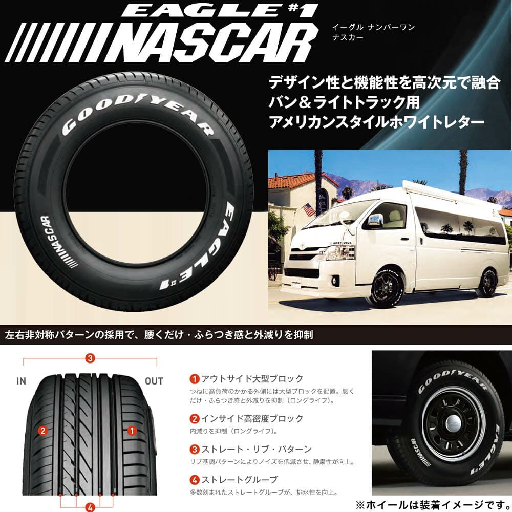 【4本セット】ハイエース 200系 タイヤホイールセット Daytona-RS 15インチ×6.5J +40 ブラック×Good Year EAGLE #1 NASCAR PLUS 195/80R15 ホワイトレター 車検対応 グッドイヤー ナスカー プラス Roadster ロードスター デイトナ thumbnail 2