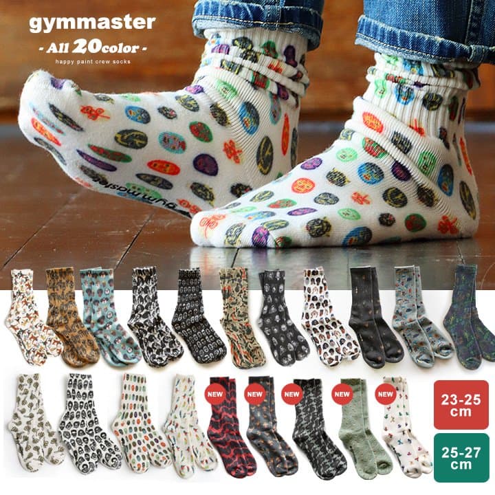 gym master ジムマスター ソックス メンズ レディース 靴下 メンズ レディース 肉厚 ミドル丈 ハッピーペイント 総柄 ズレにくい リブ切り替え パイル使い おしゃれ かわいい カジュアル ミドルソックス スリークォーター アウトドア キャンプ パティ 【メール便25】