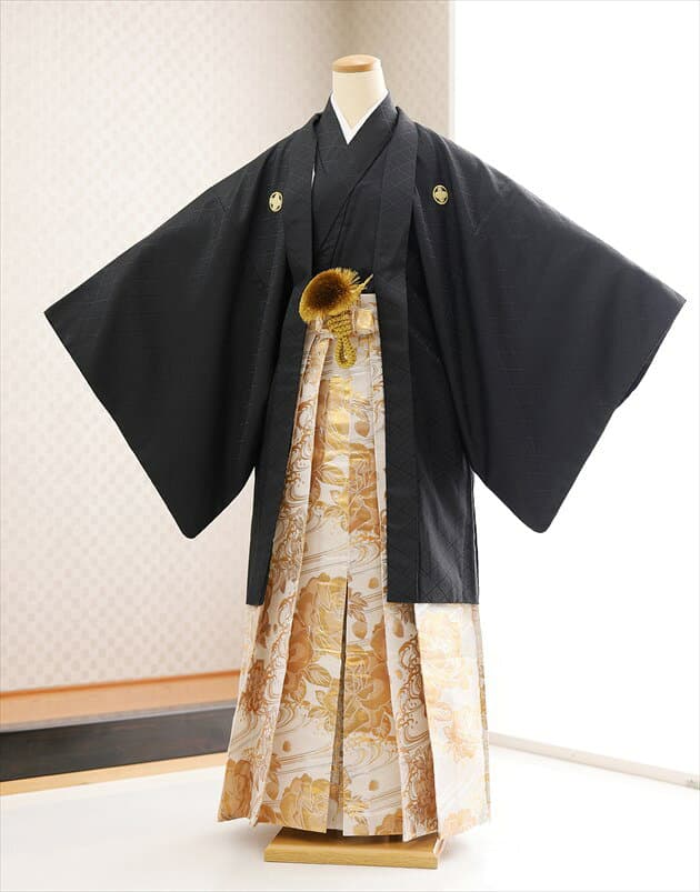卒業式 袴レンタル 男 mo284 紋付袴フルセット メンズ着物 男性着物レンタル 羽織袴 kimono 結婚式 イベント 和服 かっこいい 人気 高級袴 スタイルブラック高級金華勇壮袴【レンタル】