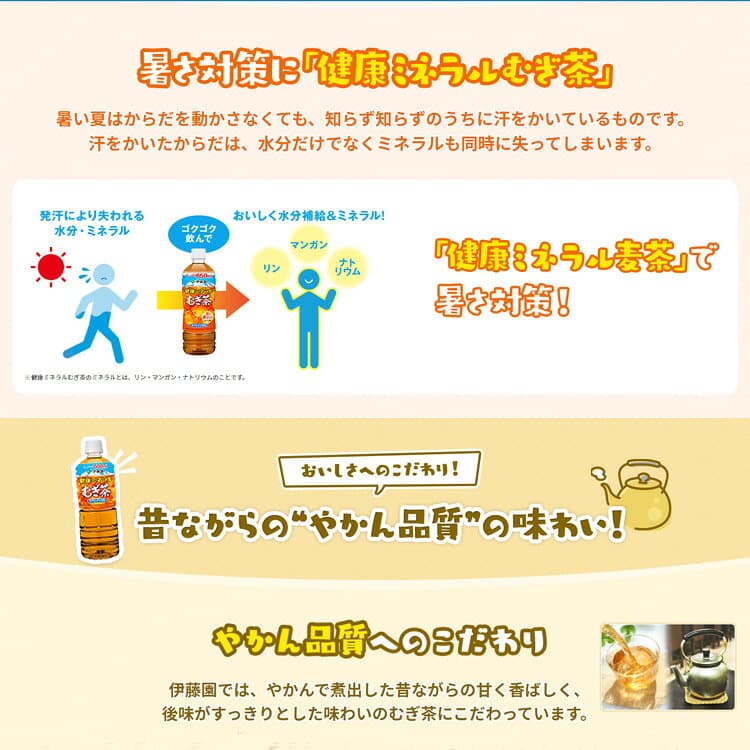 あす楽★伊藤園 健康ミネラルむぎ茶 ペットボトル (2L×6本入り)×2箱 熱中症対策 お水 ソフトドリンク 水分補給 夏対策 お水 飲料 健康飲料 日本製 お茶 お茶飲料 大容量【あす楽】（08110x12）ポイント2倍 thumbnail 3