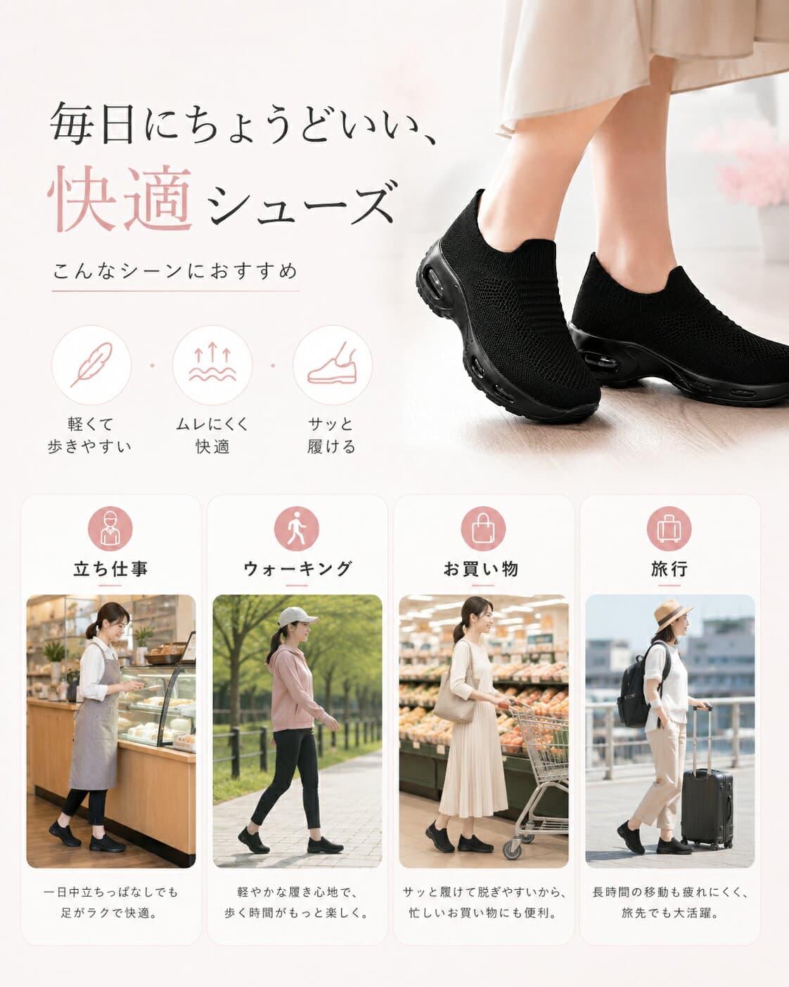 スリッポン レディース 厚底 エアクッション スニーカー ニット 軽量 通気性 履きやすい 歩きやすい ウォーキングシューズ カジュアルシューズ thumbnail 2