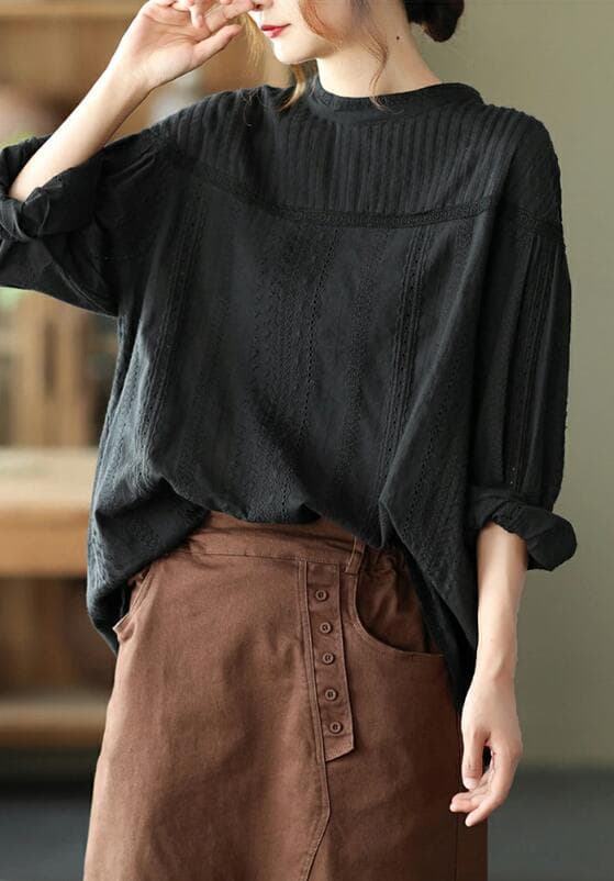 【10/27まで！60%OFFクーポン】 ブラウス レディース 長袖 秋 綿100% 刺繍 シャツ レディース トップス 半袖 Uネック 立ち襟 きれいめ ゆったり 体型カバー 薄手 上品 大人可愛い 通勤 カジュアル オフィス 洗える ホワイト ブラック 20代〜60代対応 送料無料 smart-shop thumbnail 3