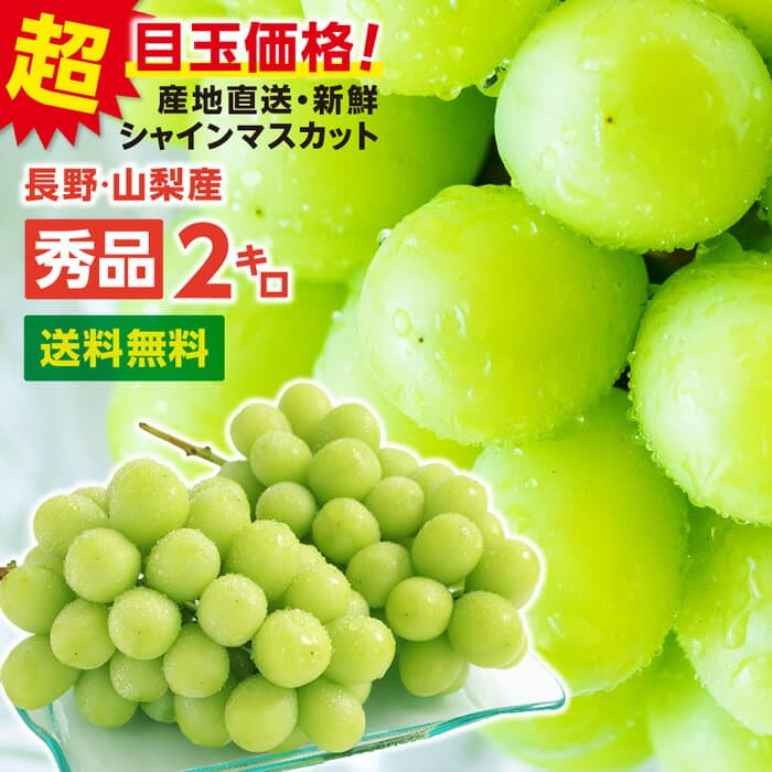 【即日出荷】 ぶどう シャインマスカット 約2kg 秀品 ギフト 送料無料 産地厳選 山梨 長野産 一房あたり約500g 3〜5房 大粒 皮ごと食べられる 大人気ブドウ 種なし | マスカット 高糖度 シャイン ブドウ 葡萄 フルーツ 果物 のし プレゼント 贈答 旬の味覚 2026