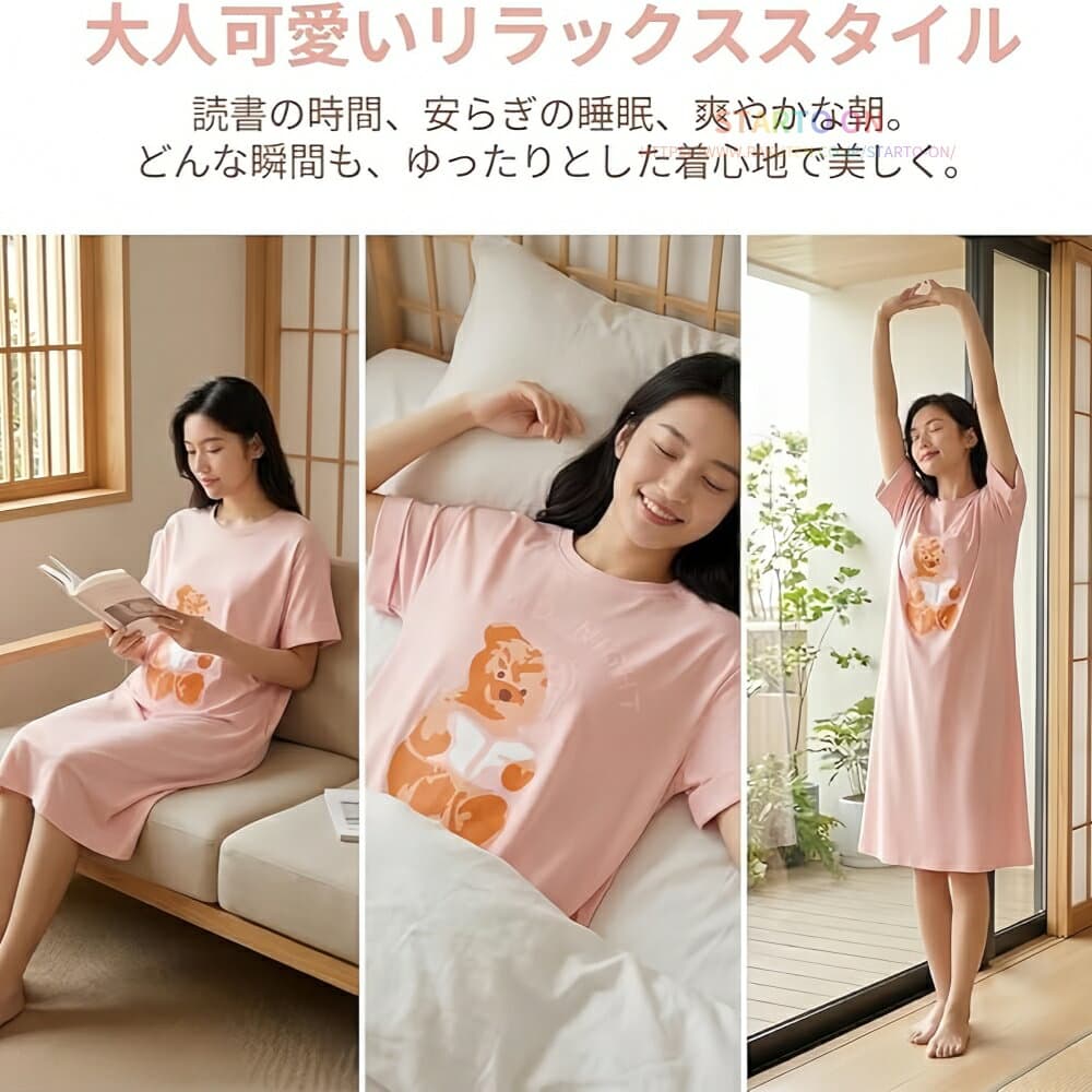 【ポケット付き】パジャマ ワンピース レディース 夏 部屋着 レディース ルームウェア レディース 夏 ルームウェア ワンピース パジャマ レディース ロンク ルームウエア綿 半袖 夏 綿 95% ストレッチ 可愛い 熊 ゆったり スリット入り ギフトプレゼント thumbnail 3