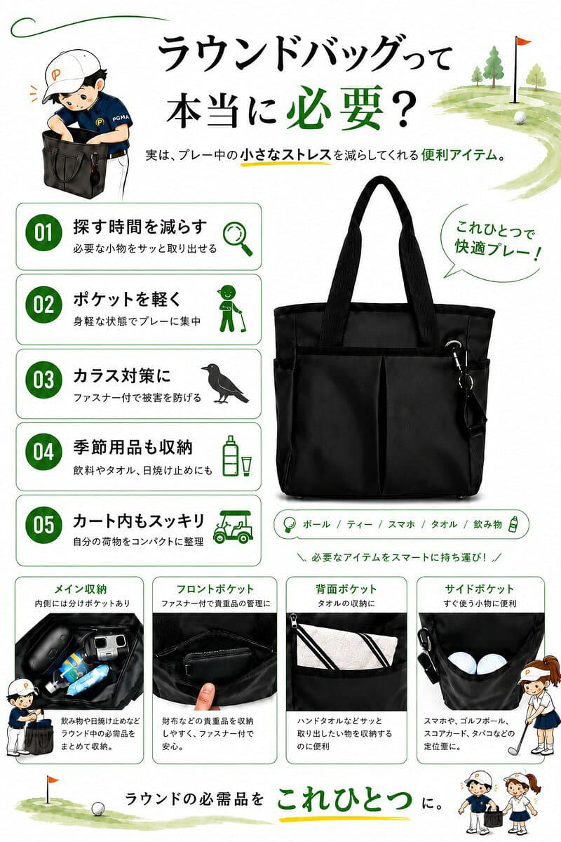 【楽天1位】ゴルフ ラウンドバッグ メンズ レディース 防水 PU 軽量 約260g 自立 底鋲 ファスナー 1Lペットボトル収納 グローブホルダー付 6収納 カートバッグ ラウンドトート ゴルフバッグ おしゃれ 普段使い 4色 patty 送料無料 ポイント thumbnail 3