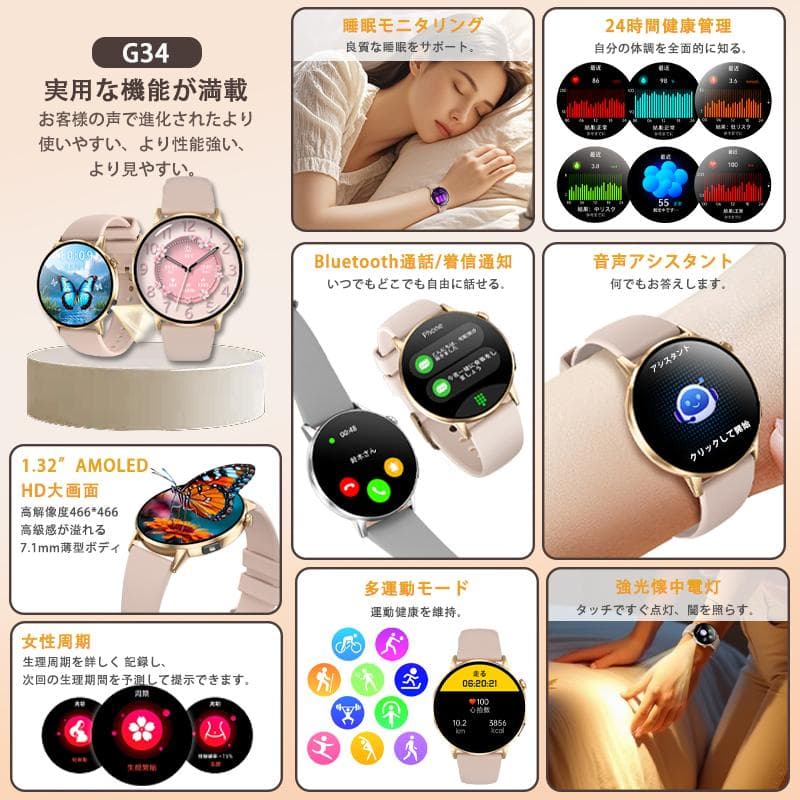 スマートウォッチ 通話機能 心拍数 血中酸素 睡眠管理 24時間健康管理 着信＆LINE通知 レディース メンズ 生理周期 睡眠検測 スポーツウォッチ 多機能 運動記録 彼女 iPhone対応 アンドロイド対応 敬老の日 thumbnail 3