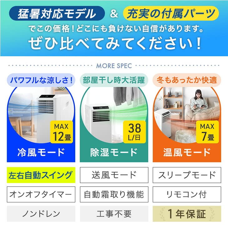 【20時~5％引クーポン】 猛暑対応 超強力 2.9kW 断熱ダクトカバー付 スポットクーラー 12畳 除湿 38L/日 掃き出し窓 腰窓 対応 窓パネル付 冷房 ノンドレン 移動式 スポットエアコン ポータブルクーラー ポータブルエアコン エアコン 工事不要 thumbnail 3