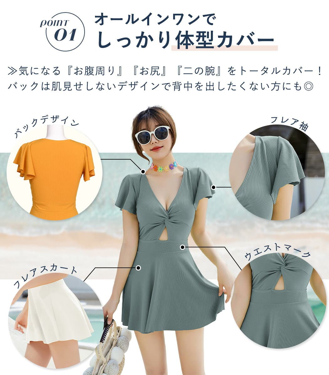 【20％OFFクーポン利用で！3,184円〜！25日迄】水着 レディース ワンピース 体型カバー水着 大きいサイズ 3L 4L 5L 6L ぽっちゃり かわいい おしゃれ 無地 黒 フリル 袖 ハイウエスト 露出控えめ カットアウト カッティング 二の腕 お尻 太もも お腹 カバーアップ thumbnail 3