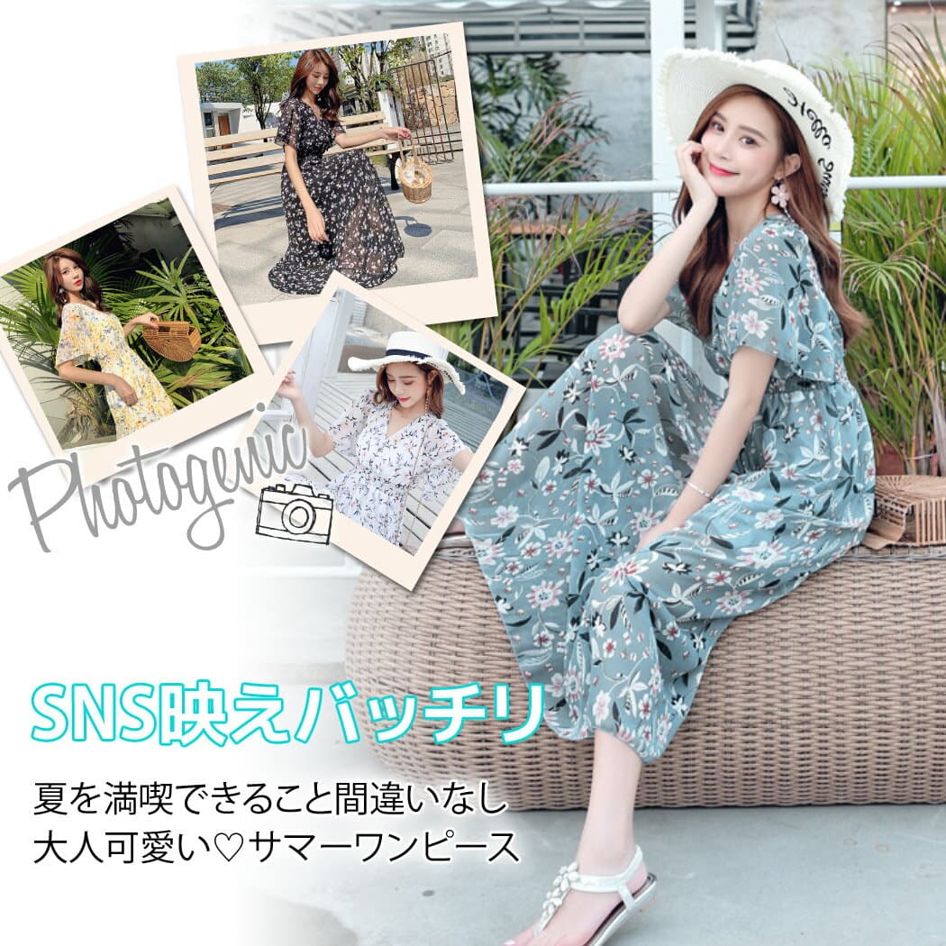 【20％OFFクーポン利用で！2,224円〜！25日迄】リゾートワンピース レディース サマードレス ロング マキシ丈ワンピース バックシャン 夏 半袖 シフォン 透け Aライン 水着の上に着る服 ハワイ 沖縄 旅行用 20代 30代 40代 可愛い お洒落 花柄 シャーリング ふんわり thumbnail 2