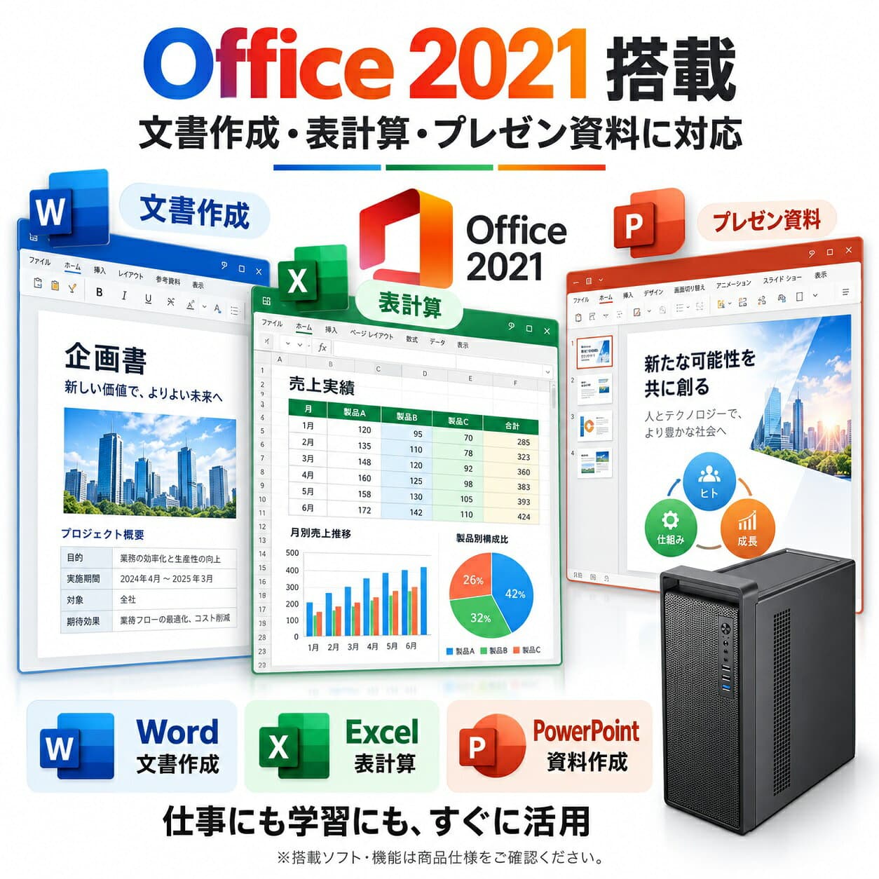 ＼2年保証／ デスクトップパソコン パソコン 新品 Windows11 Pro Office付き インテル 第12世代 Core i5 3470~ i5 12400 i7 Pentium G2020 SSD 128GB~512GB メモリ 8~16GB デスクトップPC office2021 安い 激安 高スペック thumbnail 3