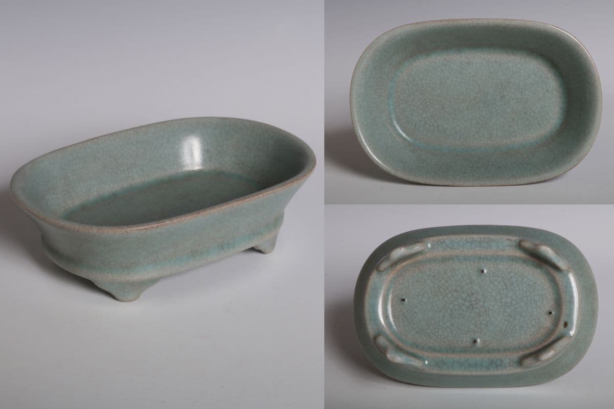 10333 中国陶器 青磁四つ足盤 水仙盤 径約(12.9cm×8.5cm)×高さ約4cm 水盤 華道具 盆栽 筆洗 書道具 文房具 検:青磁 青瓷 中国 古玩 唐物 — 1/10