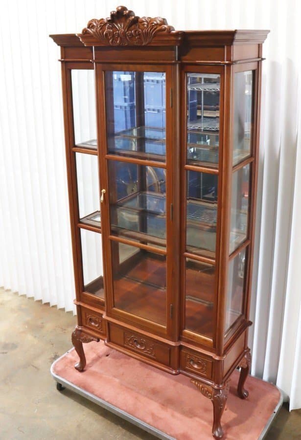 【唐木家具】高級 花梨材 無垢 ガラスキャビネット H202cm 飾り棚 キュリオケース ショーケース 彫刻 猫脚 コレクションボード / n1126 — 1/10