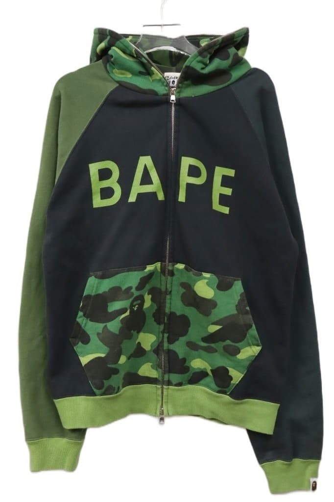 アベイシングエイプ A BATHING APE BAPE ロゴ フルダブル ジップ クレイジー カモ フーディー Sサイズ グリーン 緑 【ブランド古着ベクトル — 1/9