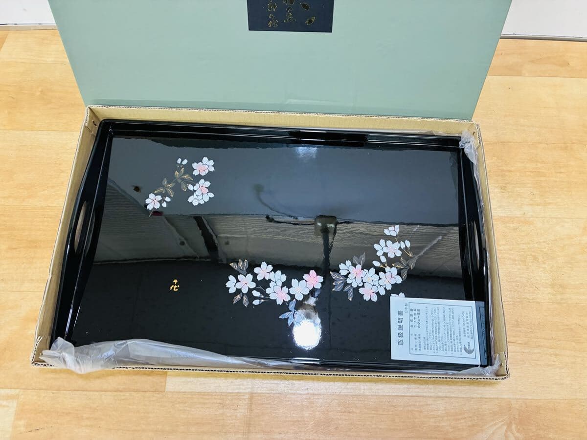 宇野千代 漆器 盆 花柄 黒 レトロ 軽量 時代物 インテリア ビンテージ トレー 長手盆 会津塗 お盆 — 1/9