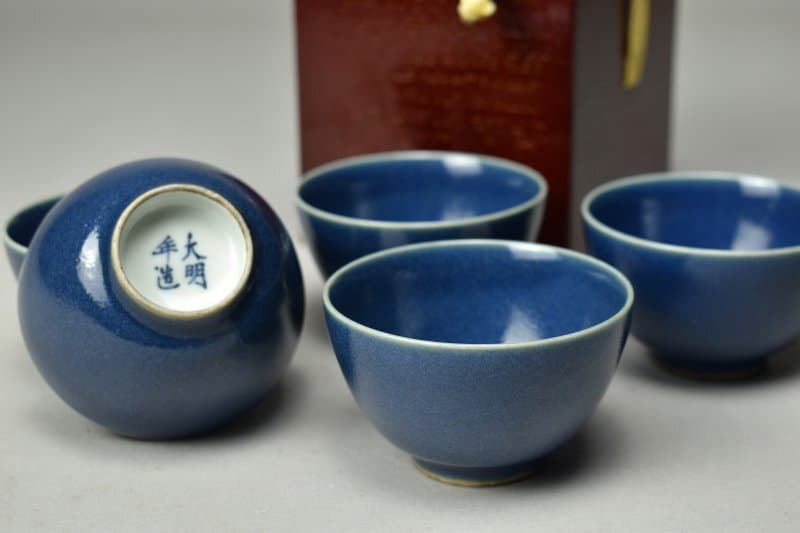 【蔵A5521】中国古美術 新渡 瑠璃 煎茶碗 五客 箱付 — 1/8