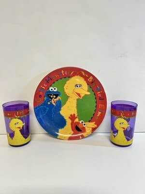 Vintage 1990s Sesame Street Zak Plate 2 Tumblers Big Bird Elmo Cookie Monster 海外 即決 — 1/10