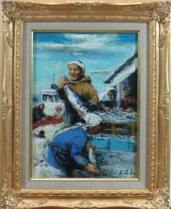 真作 穂高」 日展評議員 工藤和男 「魚揚げる港」 油彩 4号 — 1/9