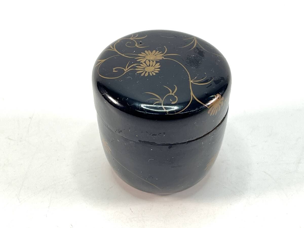 漆器 黒塗 金彩 菊唐草文 蓋物 小物入れ 茶道具 — 1/6