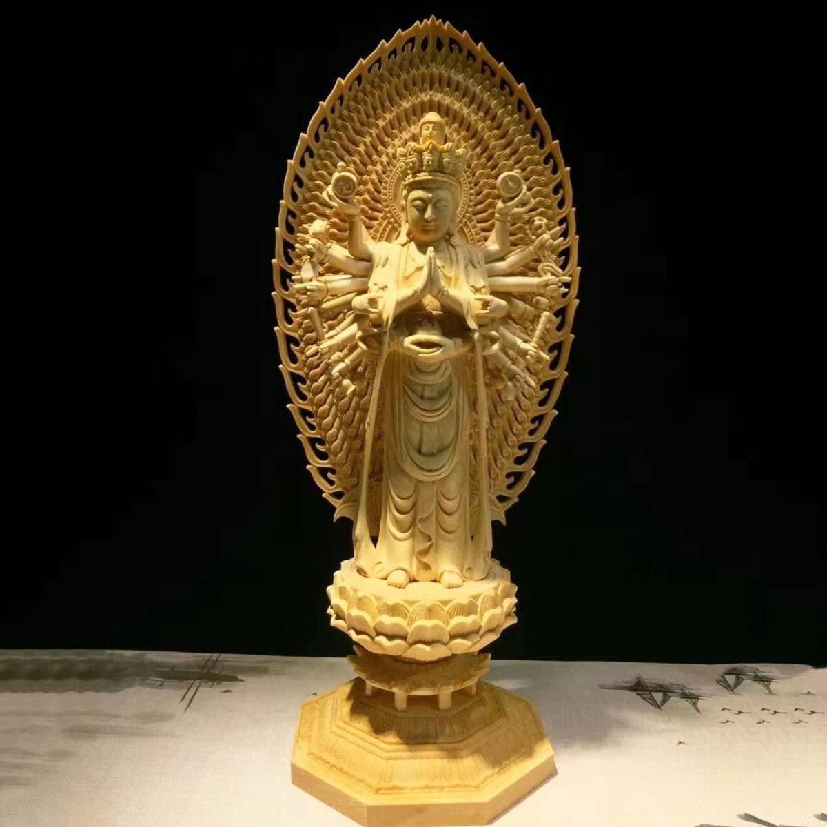 新入荷★極上品★ 仏教美術 千手観音菩薩 精密彫刻 仏像 手彫り 木彫仏像 仏師手仕上げ品 — 1/4