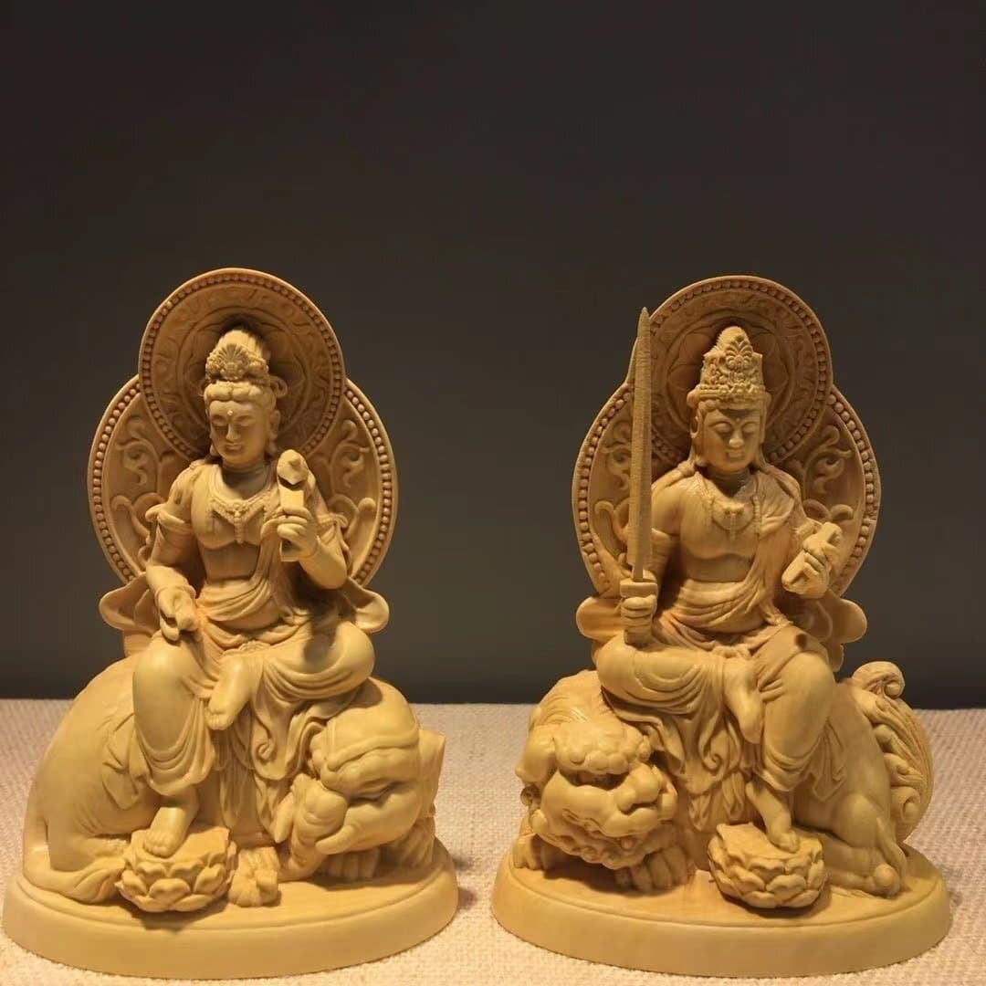 文殊菩薩 普賢菩薩 木彫り 仏像 文殊菩薩像 普賢菩薩像 座像 仏教美術 置物 木彫 仏像 黄楊木 — 1/6